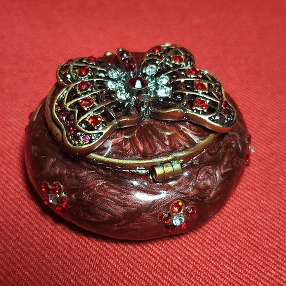 Vintage Trinket Box Burgundy Bejeweled Rhinestones Butterfly Design - Picture 5 of 12
